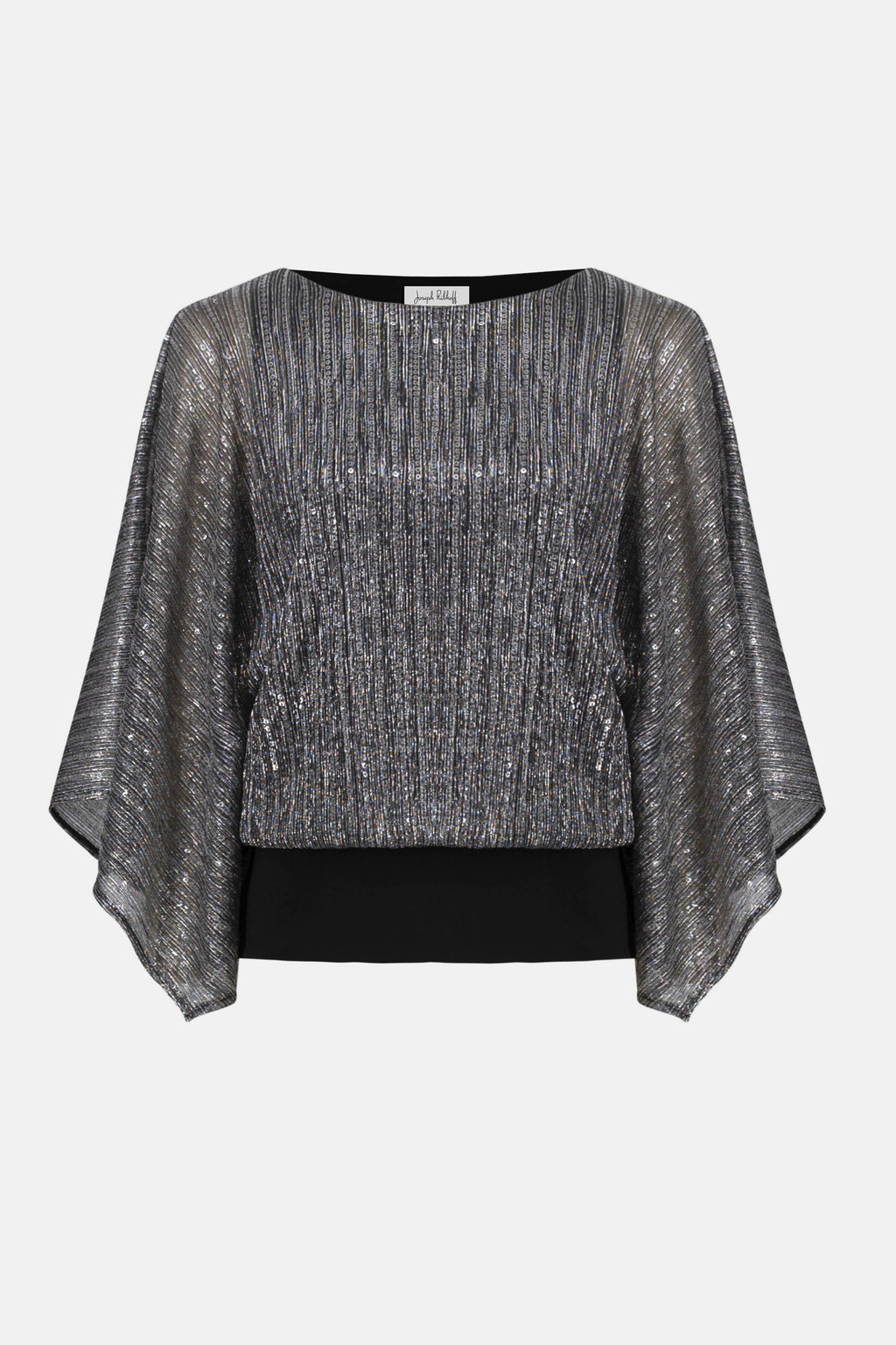 Sequined Pleated Knit Layered Top by Joseph Ribkoff, highlighting the pleated knit texture, shimmering sequin accents, and layered design. Photos include front, back, and close-up views to emphasize the fabric’s sparkle and construction details.