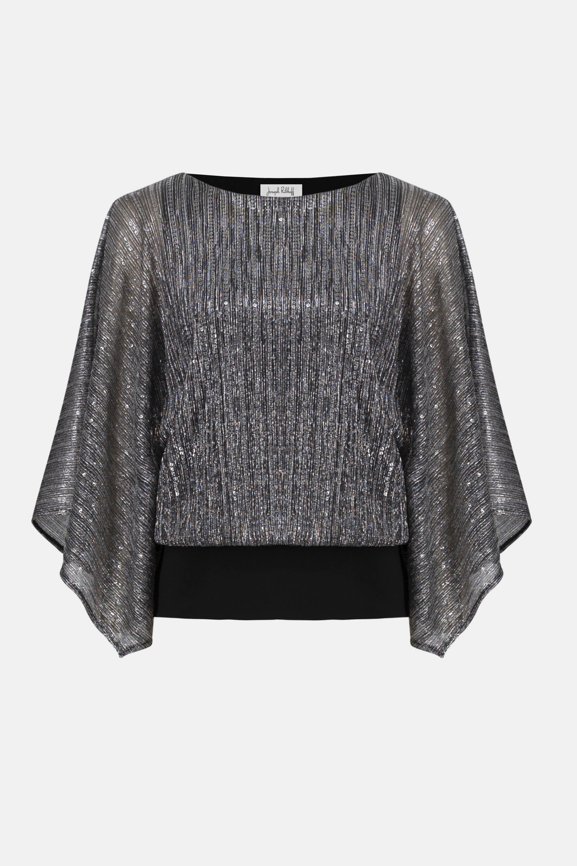 Sequined Pleated Knit Layered Top by Joseph Ribkoff, highlighting the pleated knit texture, shimmering sequin accents, and layered design. Photos include front, back, and close-up views to emphasize the fabric’s sparkle and construction details.