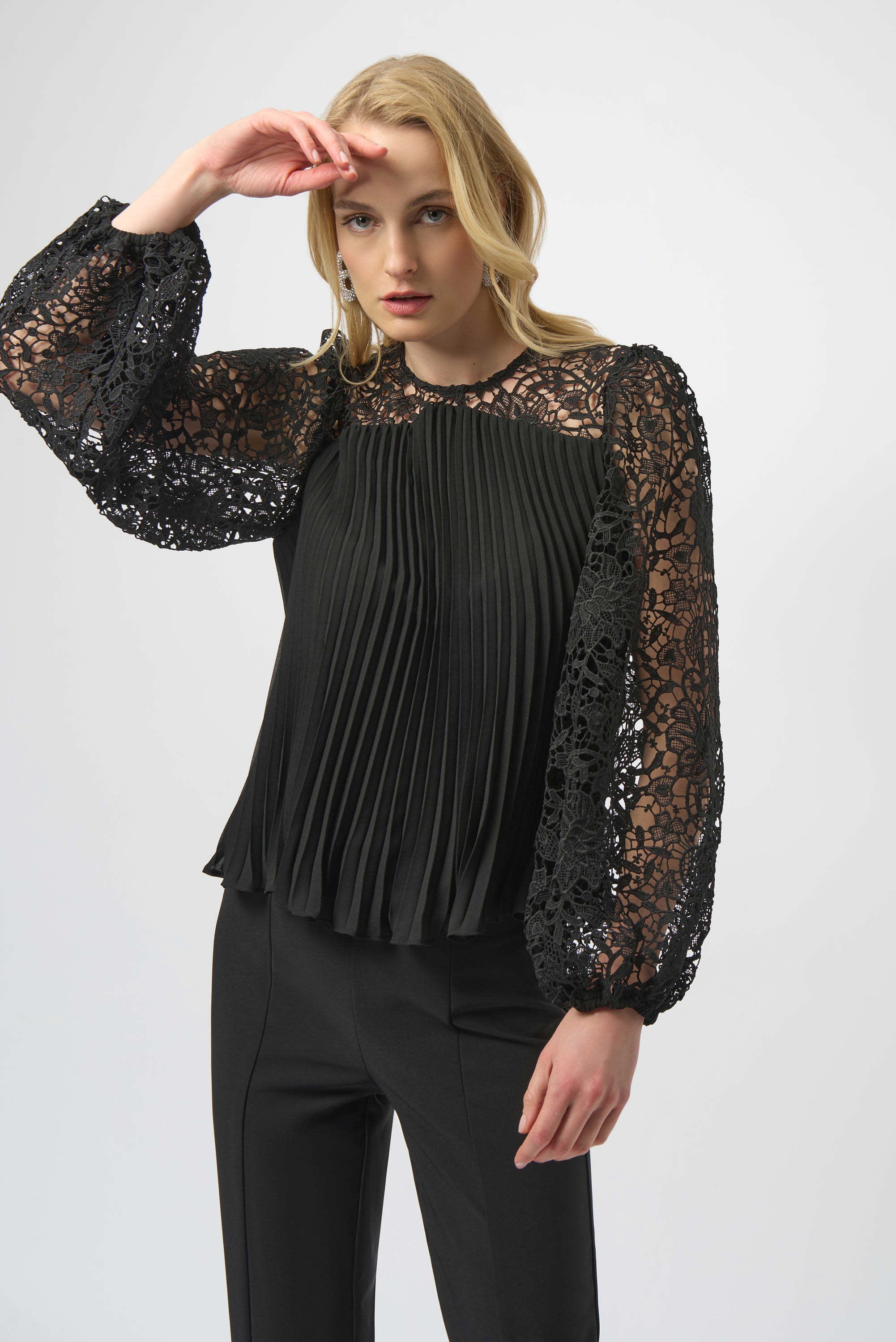 Pleated Chiffon Top by Joseph Ribkoff from various angles. Highlights include the finely pleated chiffon fabric, detailed floral lace sleeves, and the flowing relaxed fit. Photos capture front, side, and close-up views that emphasize fabric texture and intricate lacework.