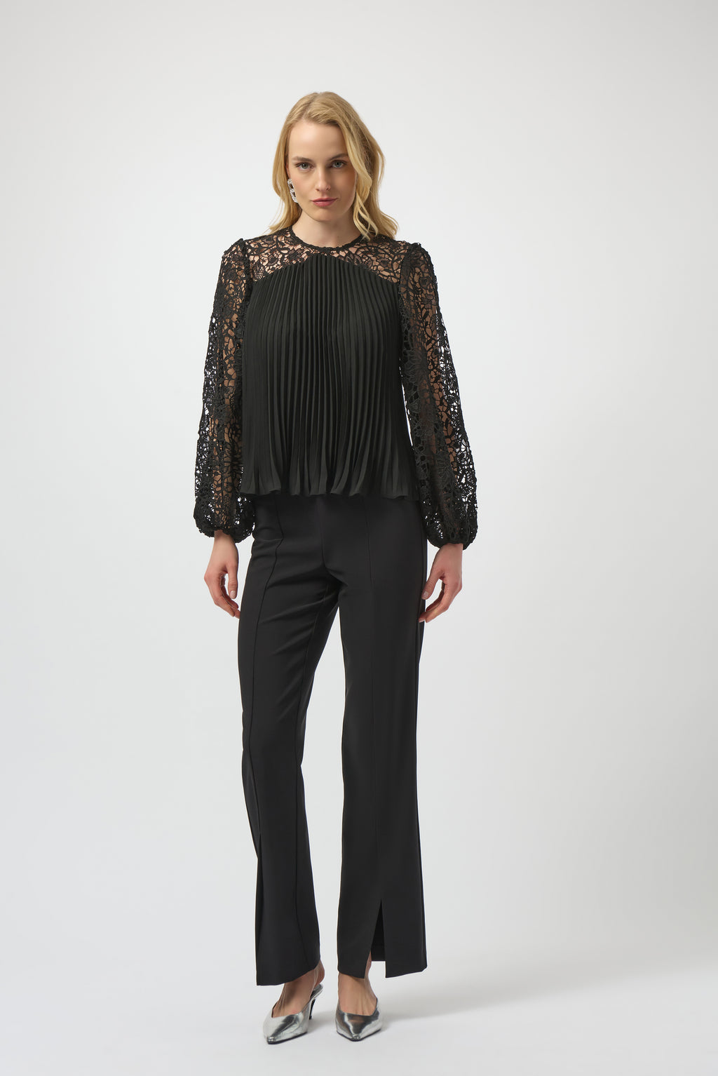Pleated Chiffon Top by Joseph Ribkoff from various angles. Highlights include the finely pleated chiffon fabric, detailed floral lace sleeves, and the flowing relaxed fit. Photos capture front, side, and close-up views that emphasize fabric texture and intricate lacework.
