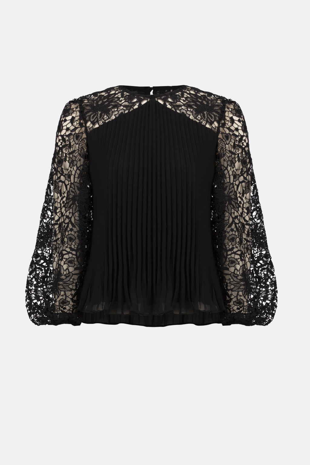 Pleated Chiffon Top by Joseph Ribkoff from various angles. Highlights include the finely pleated chiffon fabric, detailed floral lace sleeves, and the flowing relaxed fit. Photos capture front, side, and close-up views that emphasize fabric texture and intricate lacework.