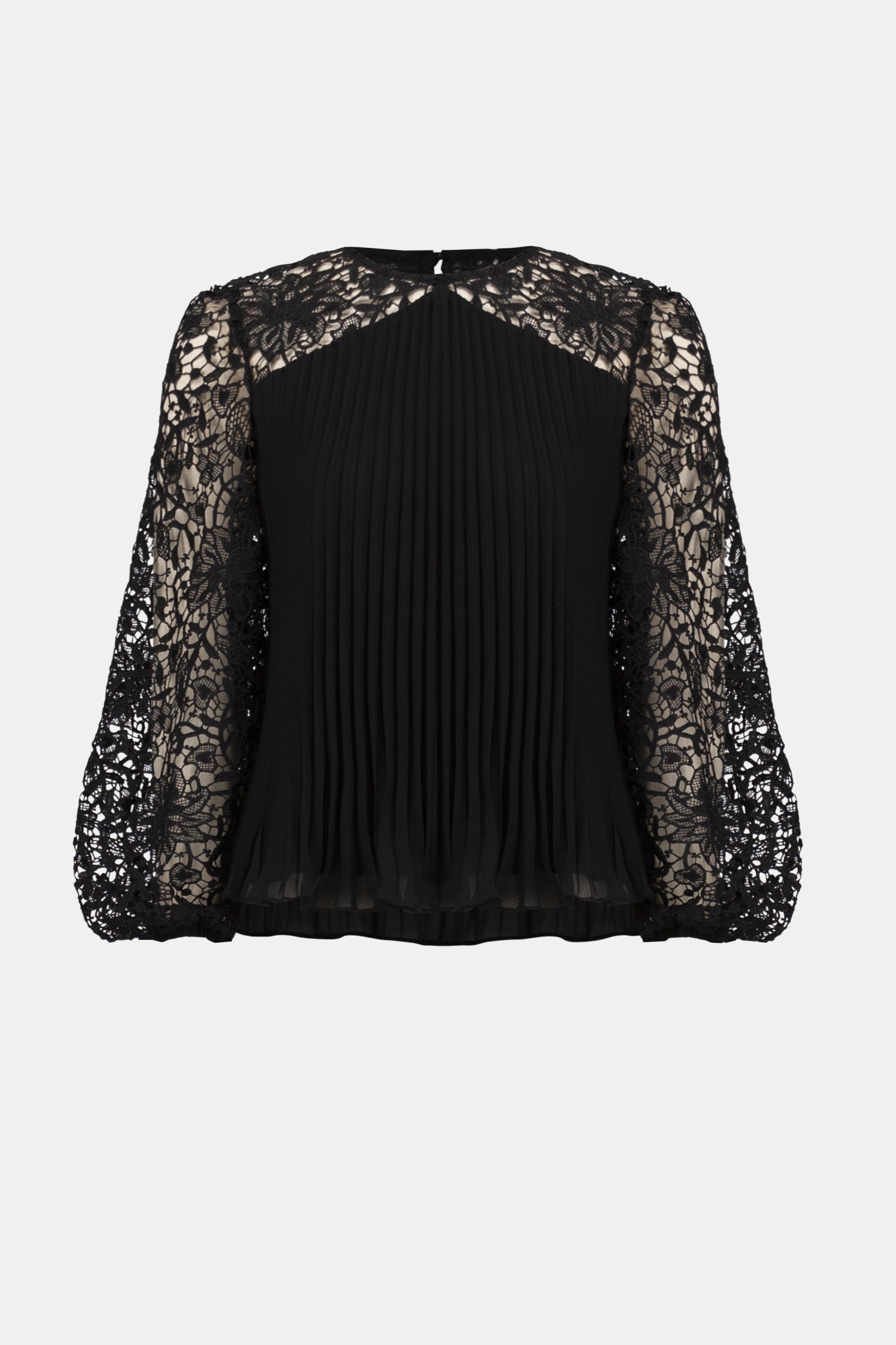 Pleated Chiffon Top by Joseph Ribkoff from various angles. Highlights include the finely pleated chiffon fabric, detailed floral lace sleeves, and the flowing relaxed fit. Photos capture front, side, and close-up views that emphasize fabric texture and intricate lacework.