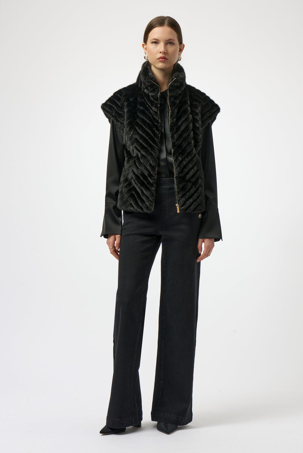 Sweater Knit Boxy Pullover with Zipped Collar by Joseph Ribkoff, showcasing its relaxed boxy fit, functional zip-up collar, and long sleeves. The images highlight the soft knit fabric texture and the pullover’s availability in four stylish colors: Black, Winter White, Avocado, and Medallion. Photos capture front, back, and close-up details to illustrate design and quality.