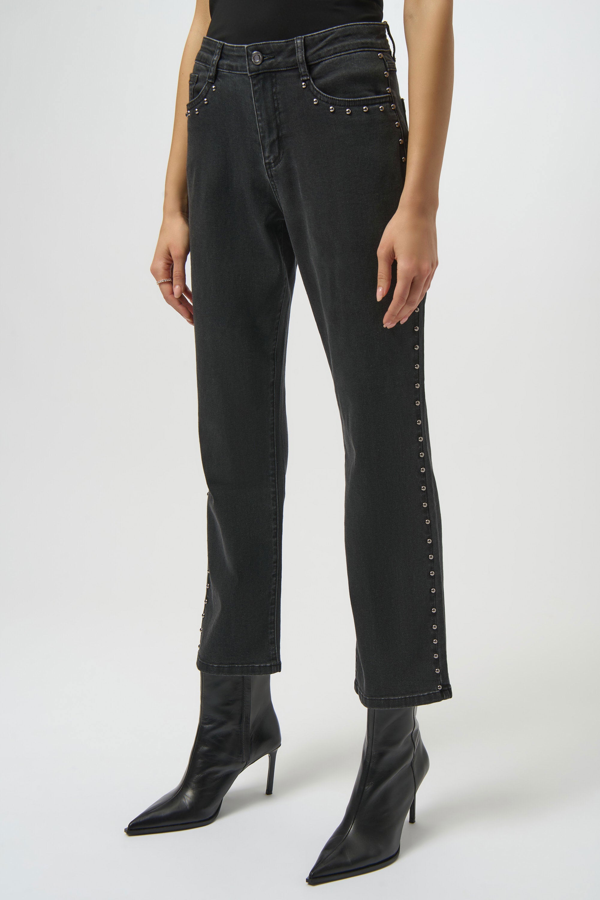 Classic Straight Leg Jeans by Joseph Ribkoff in charcoal grey, emphasizing the straight-leg fit, studded seam embellishments, and premium denim texture. Views include front, back, and detailed close-ups of stud detailing and fabric.