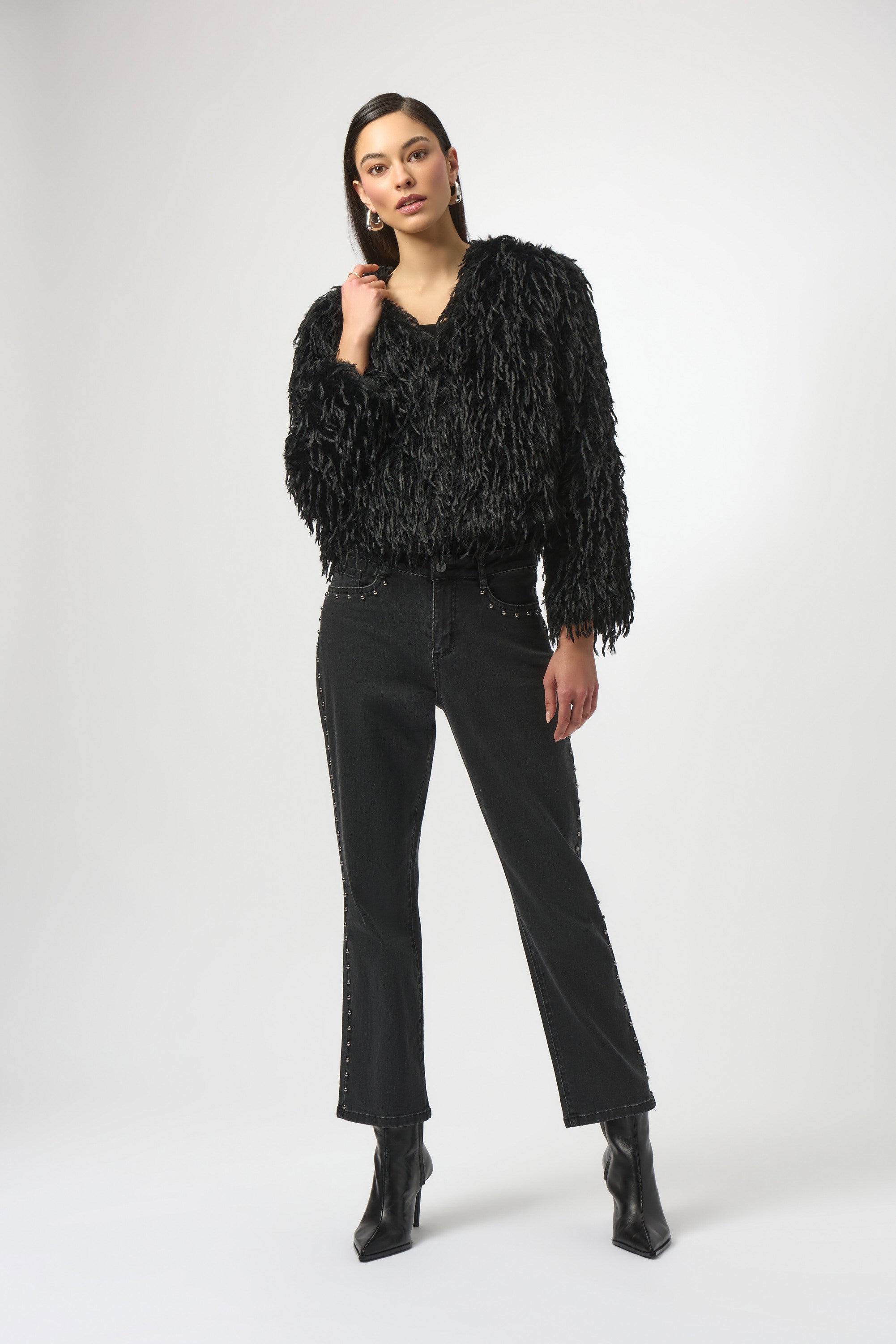 Classic Straight Leg Jeans by Joseph Ribkoff in charcoal grey, emphasizing the straight-leg fit, studded seam embellishments, and premium denim texture. Views include front, back, and detailed close-ups of stud detailing and fabric.