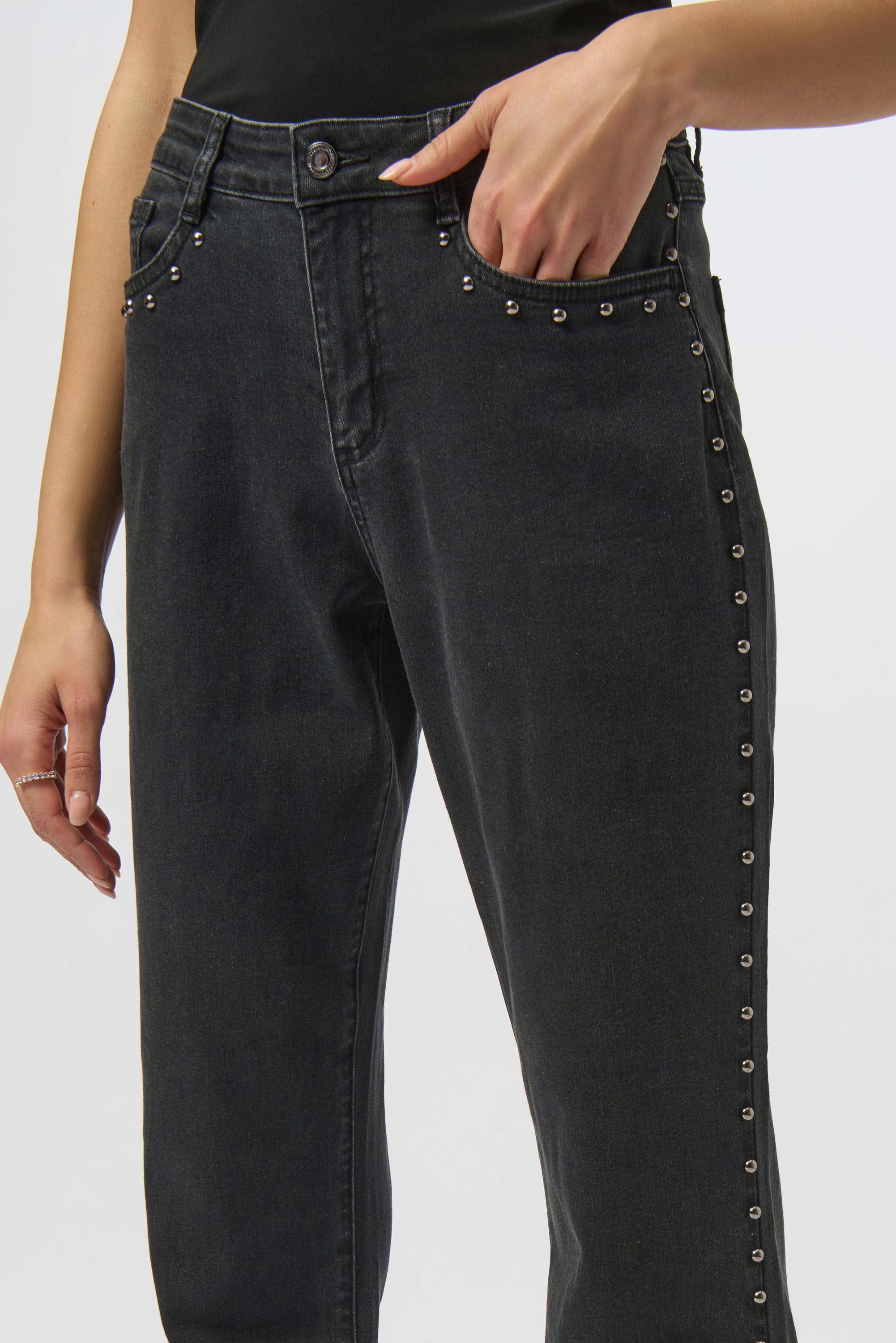 Classic Straight Leg Jeans by Joseph Ribkoff in charcoal grey, emphasizing the straight-leg fit, studded seam embellishments, and premium denim texture. Views include front, back, and detailed close-ups of stud detailing and fabric.