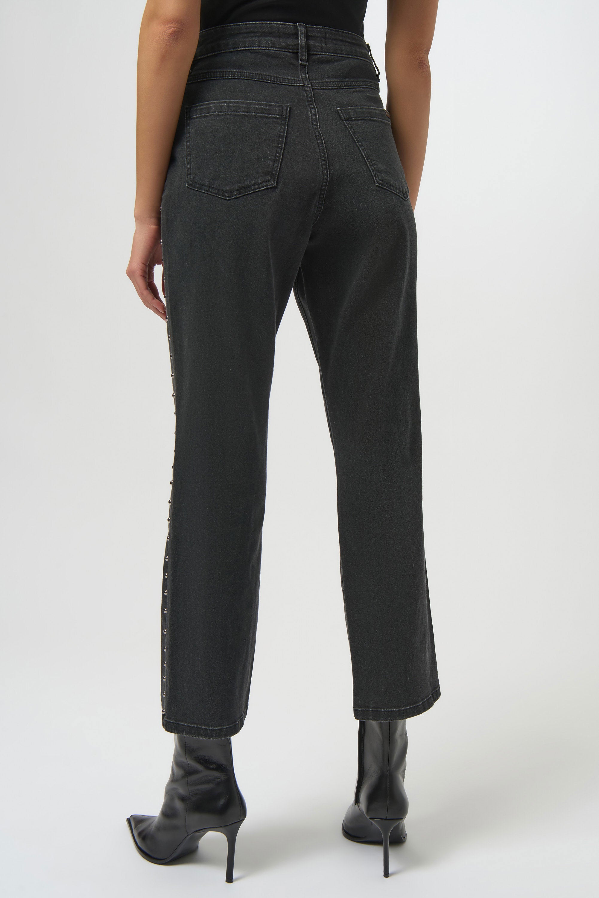 Classic Straight Leg Jeans by Joseph Ribkoff in charcoal grey, emphasizing the straight-leg fit, studded seam embellishments, and premium denim texture. Views include front, back, and detailed close-ups of stud detailing and fabric.