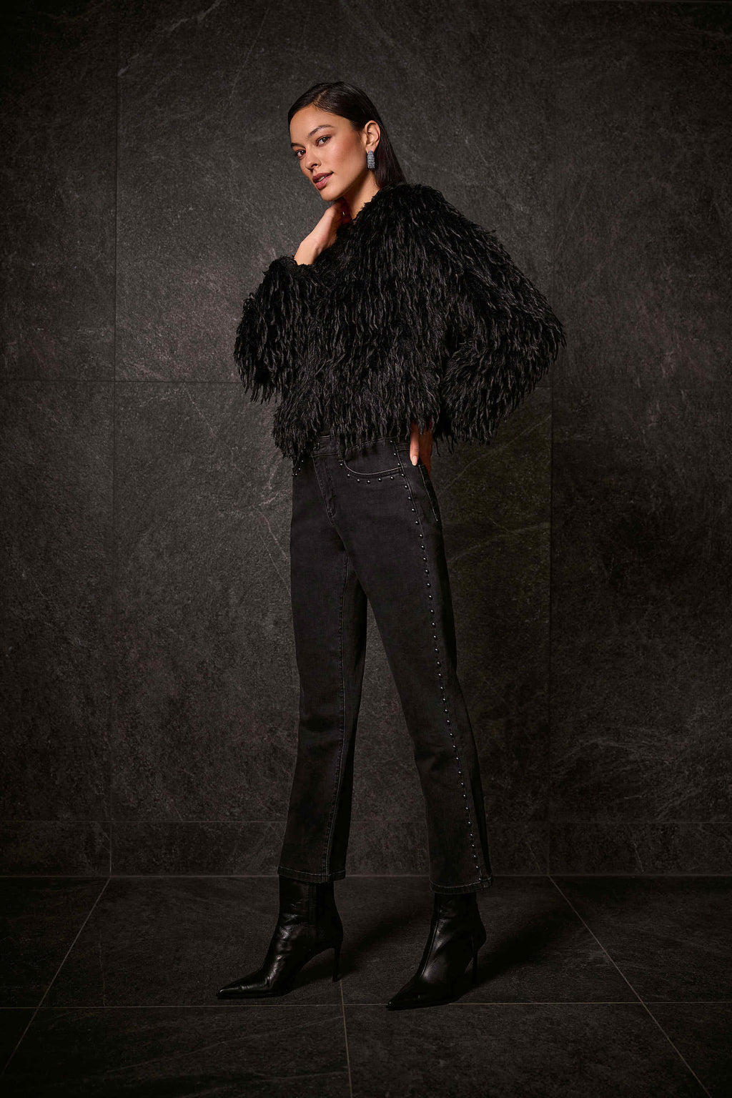 Classic Straight Leg Jeans by Joseph Ribkoff in charcoal grey, emphasizing the straight-leg fit, studded seam embellishments, and premium denim texture. Views include front, back, and detailed close-ups of stud detailing and fabric.