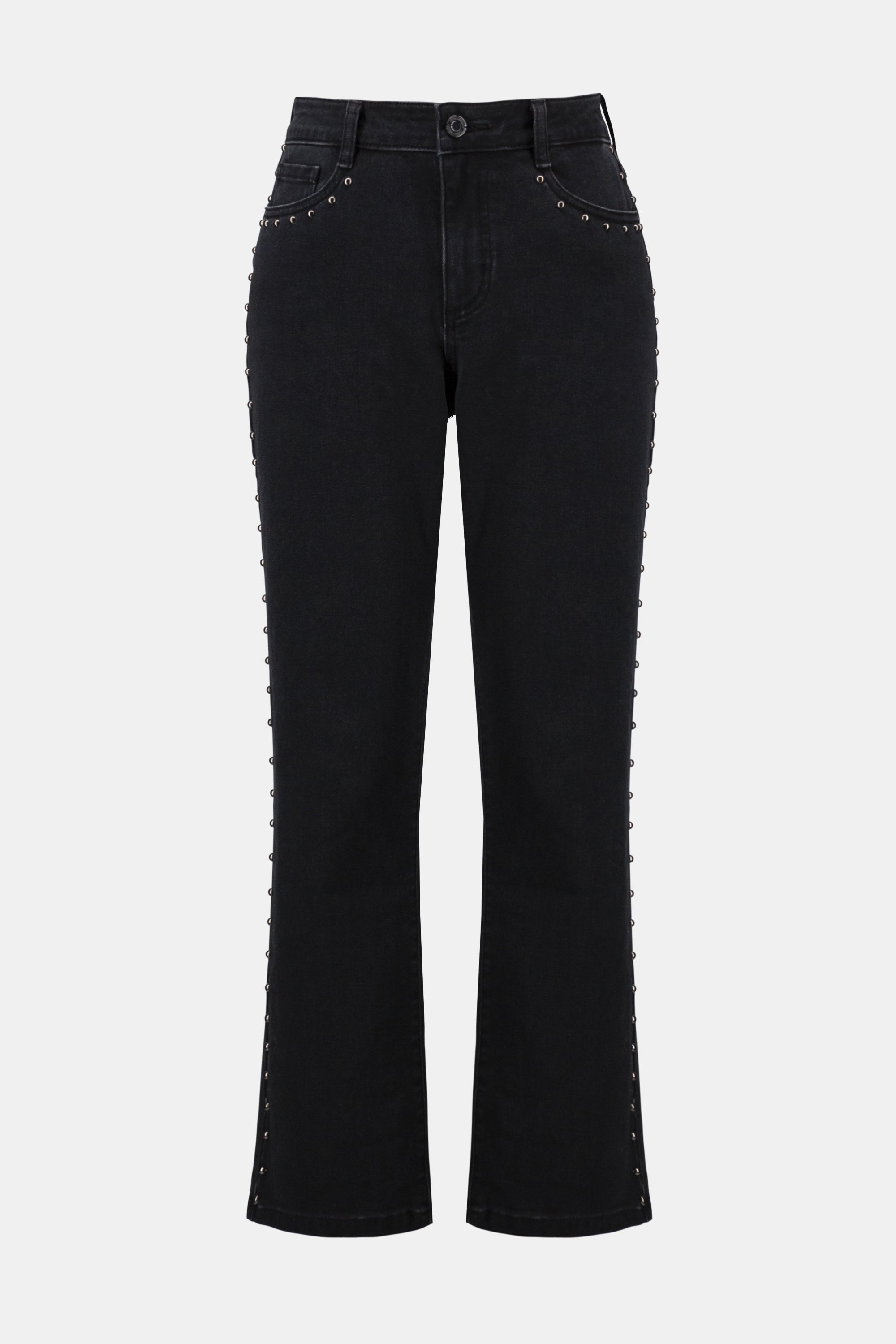 Classic Straight Leg Jeans by Joseph Ribkoff in charcoal grey, emphasizing the straight-leg fit, studded seam embellishments, and premium denim texture. Views include front, back, and detailed close-ups of stud detailing and fabric.
