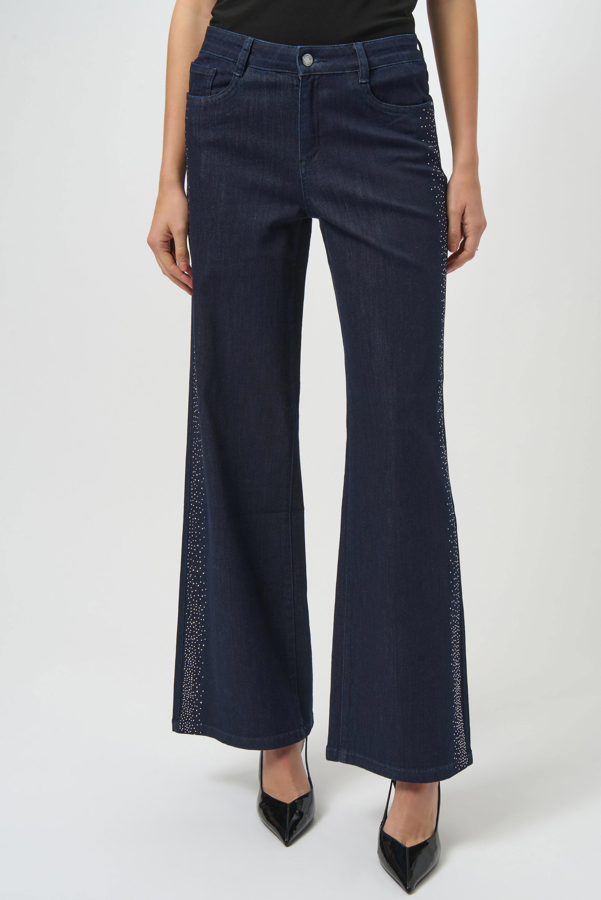 Classic Wide Leg Jeans by Joseph Ribkoff in dark denim blue, highlighting the wide-leg fit, rhinestone detailing along the seams, and classic denim texture. Photos include front, back, and close-up views focusing on sparkling rhinestone accents and fabric quality.