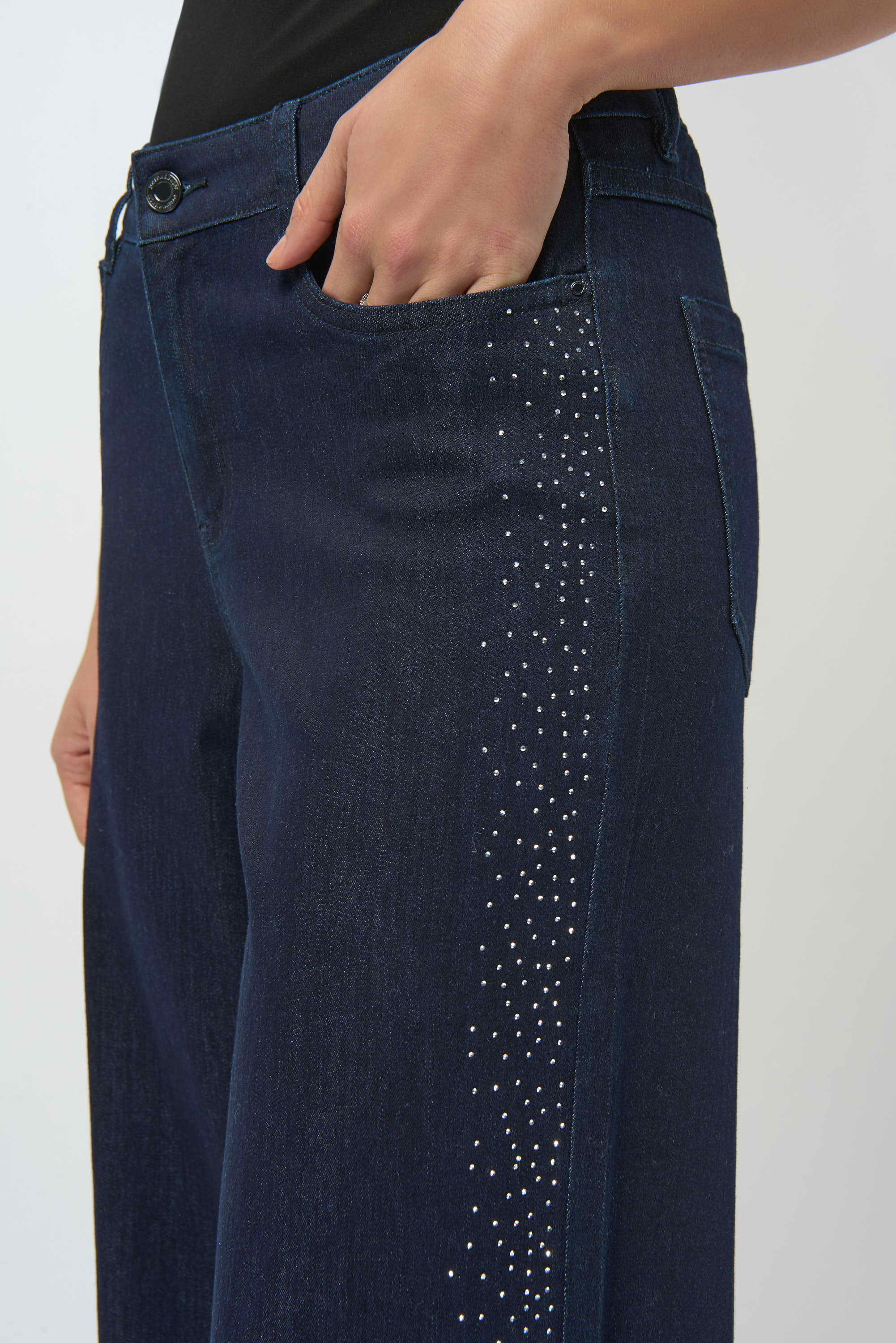 Classic Wide Leg Jeans by Joseph Ribkoff in dark denim blue, highlighting the wide-leg fit, rhinestone detailing along the seams, and classic denim texture. Photos include front, back, and close-up views focusing on sparkling rhinestone accents and fabric quality.