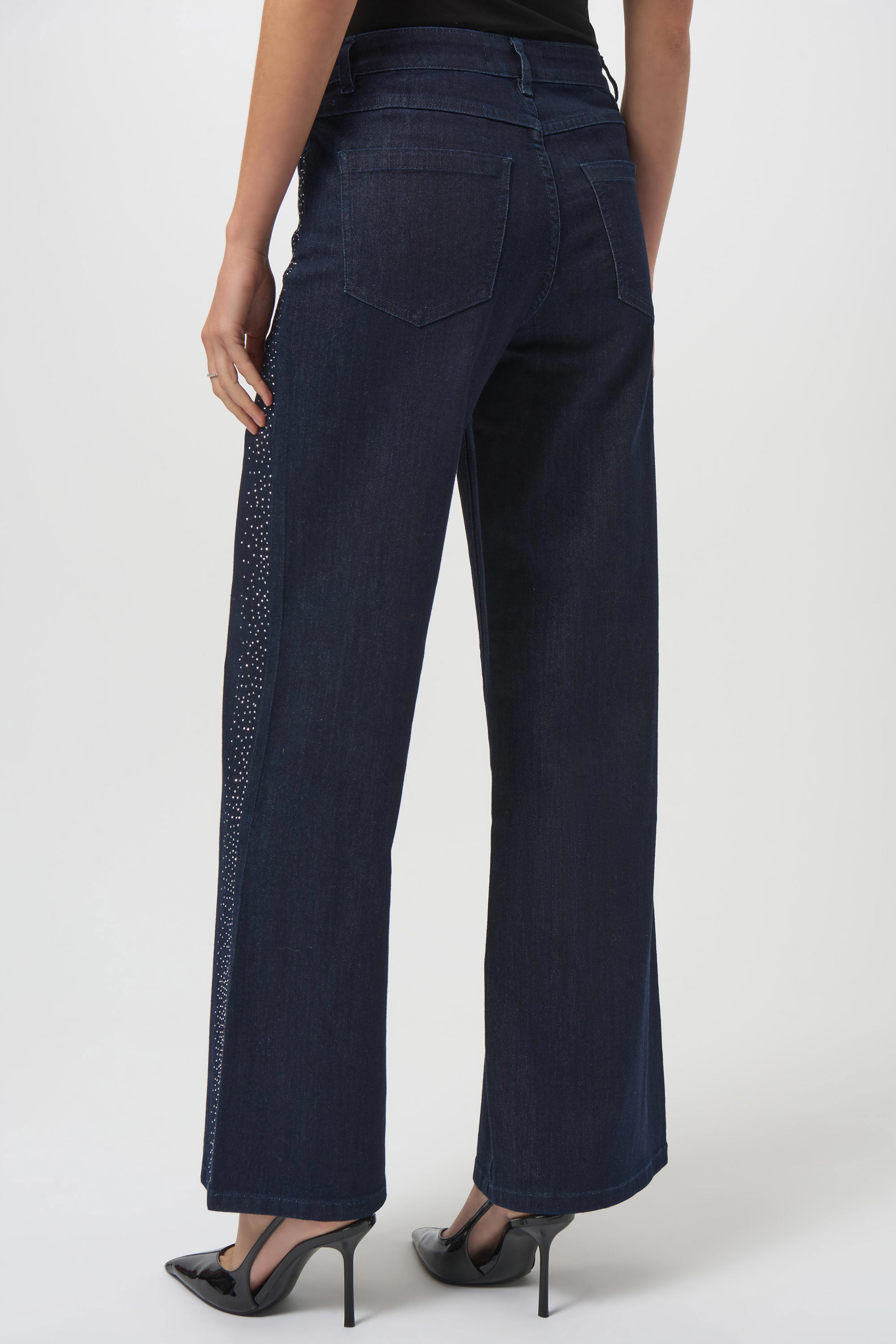 Classic Wide Leg Jeans by Joseph Ribkoff in dark denim blue, highlighting the wide-leg fit, rhinestone detailing along the seams, and classic denim texture. Photos include front, back, and close-up views focusing on sparkling rhinestone accents and fabric quality.