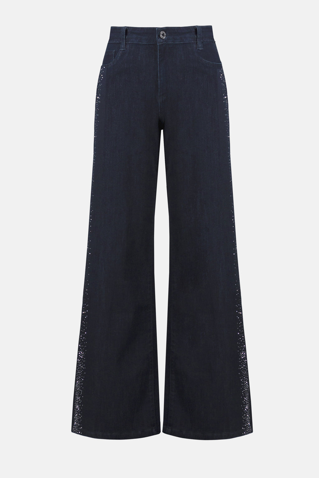 Classic Wide Leg Jeans by Joseph Ribkoff in dark denim blue, highlighting the wide-leg fit, rhinestone detailing along the seams, and classic denim texture. Photos include front, back, and close-up views focusing on sparkling rhinestone accents and fabric quality.