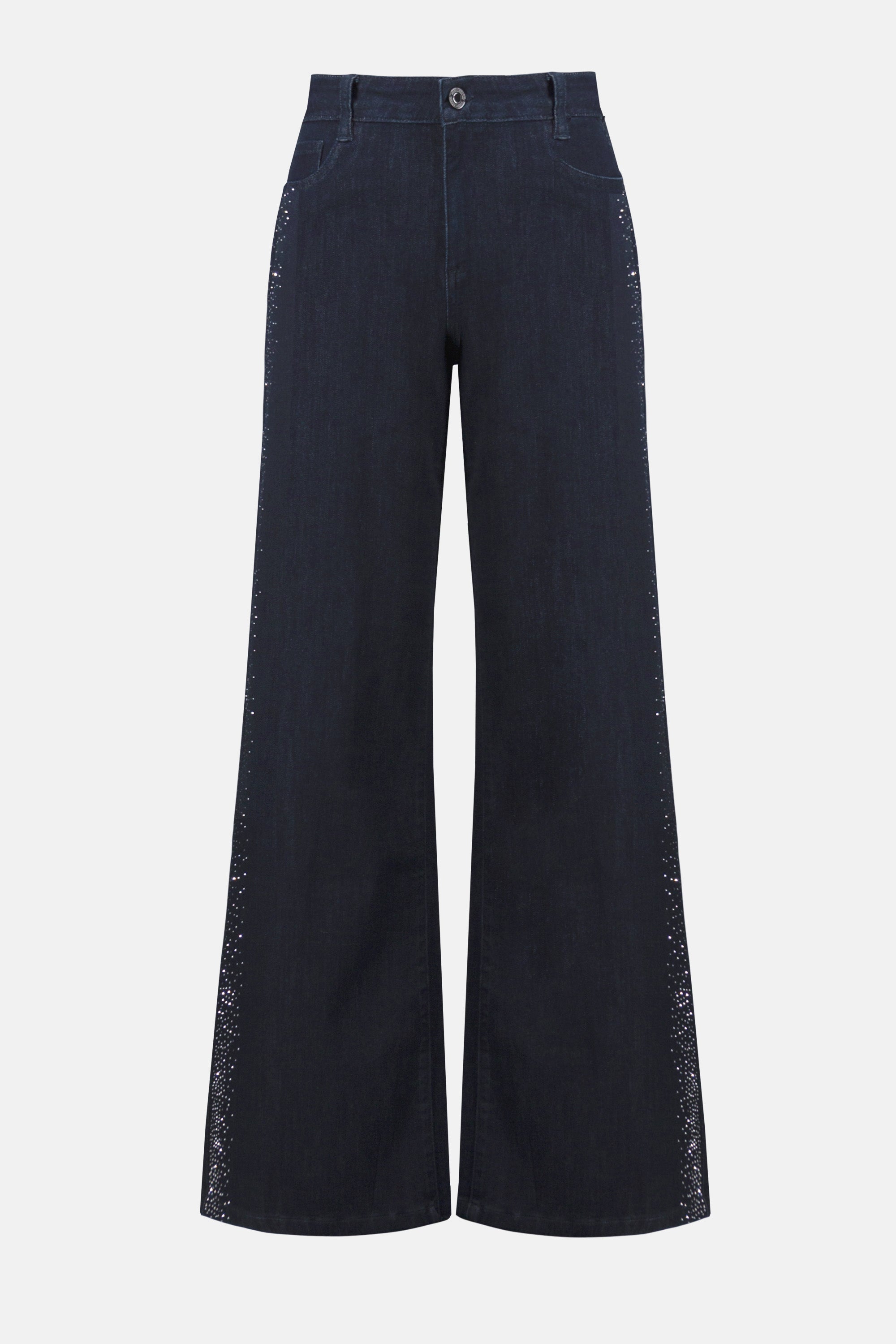Classic Wide Leg Jeans by Joseph Ribkoff in dark denim blue, highlighting the wide-leg fit, rhinestone detailing along the seams, and classic denim texture. Photos include front, back, and close-up views focusing on sparkling rhinestone accents and fabric quality.