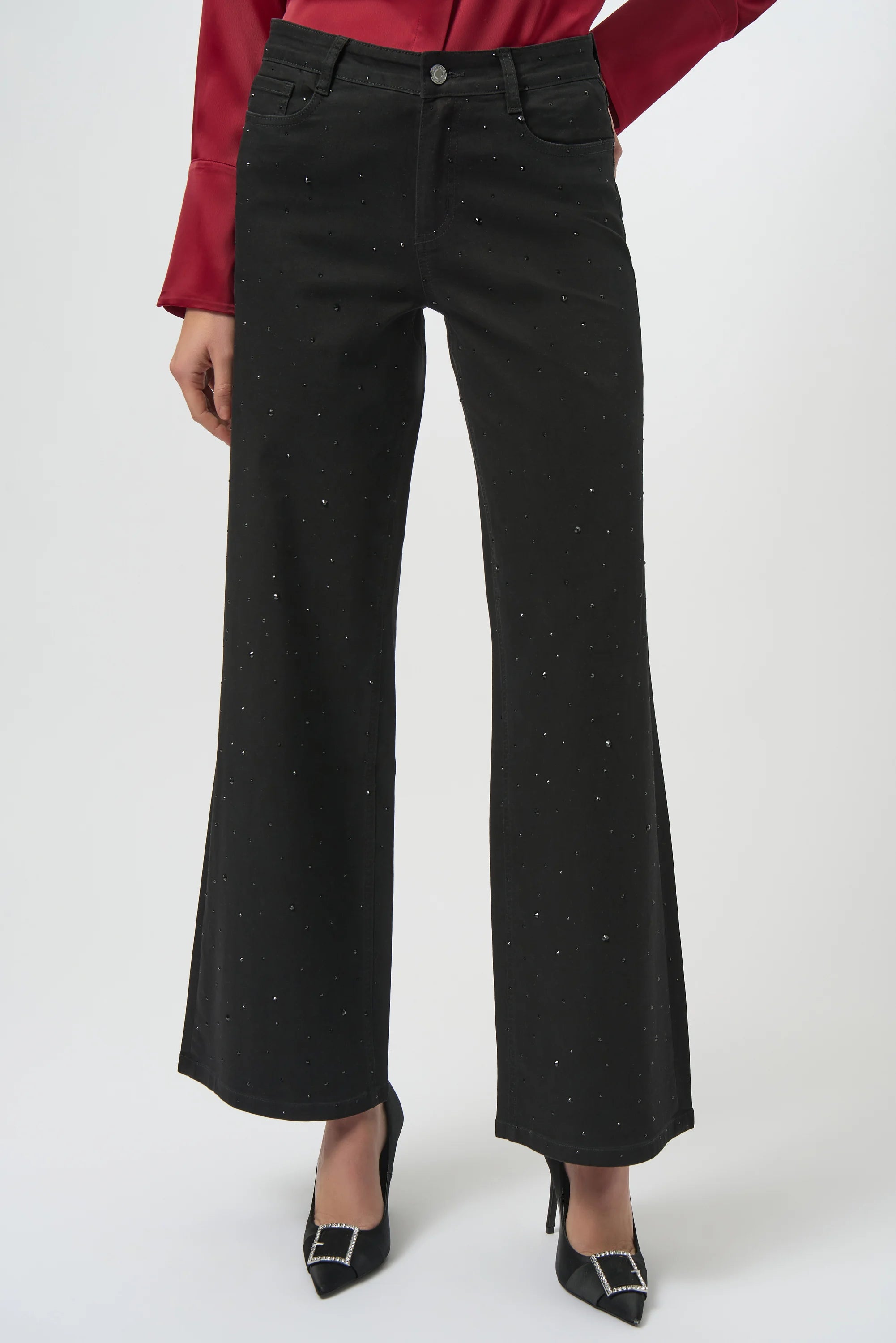 Presenting the black Classic Wide Leg Jeans with rhinestone details by Joseph Ribkoff. Showcasing the wide-leg cut, rhinestone accents on the seams, and rich denim texture. Views include front, back, and close-ups highlighting the sparkle and craftsmanship.