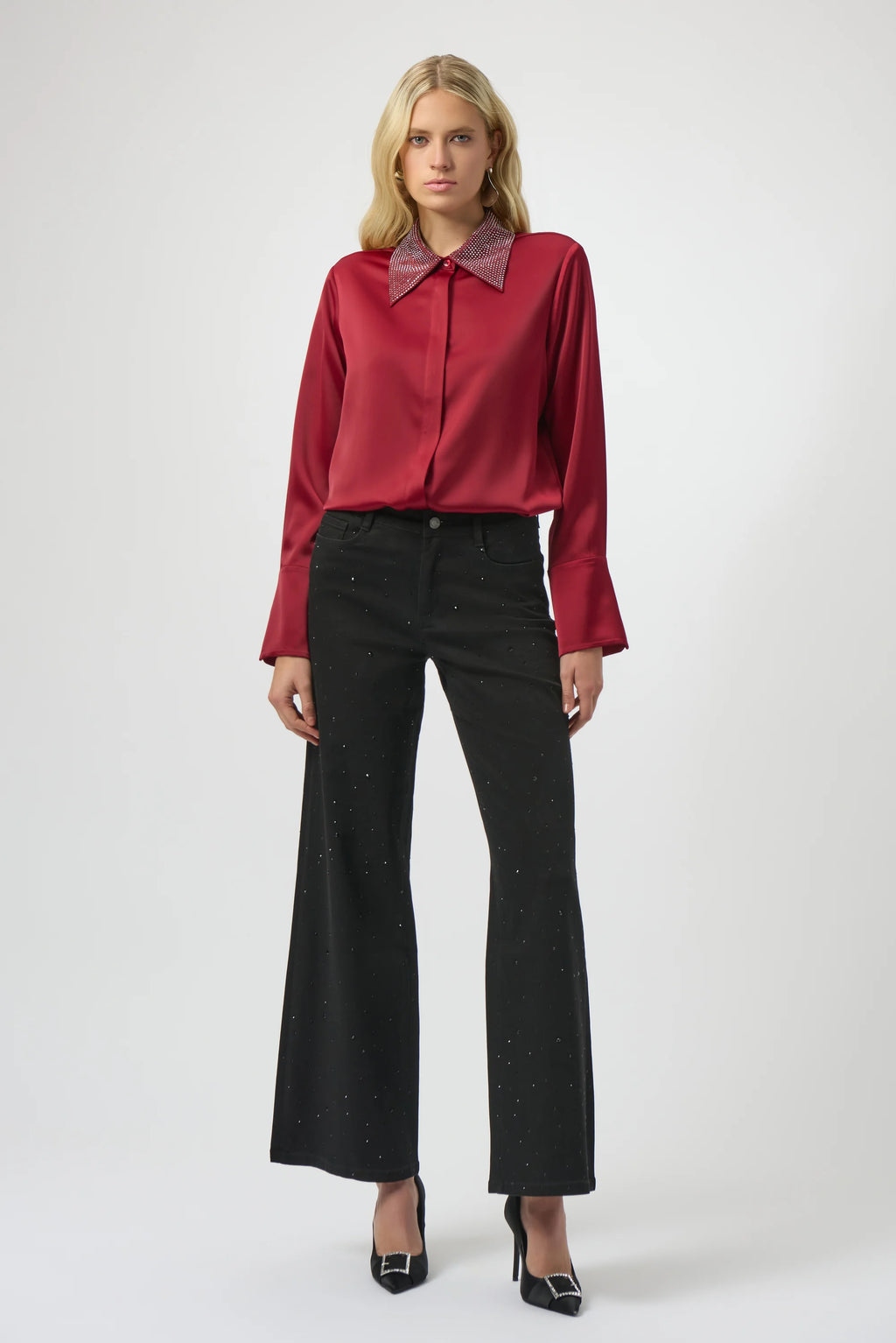 Presenting the black Classic Wide Leg Jeans with rhinestone details by Joseph Ribkoff. Showcasing the wide-leg cut, rhinestone accents on the seams, and rich denim texture. Views include front, back, and close-ups highlighting the sparkle and craftsmanship.