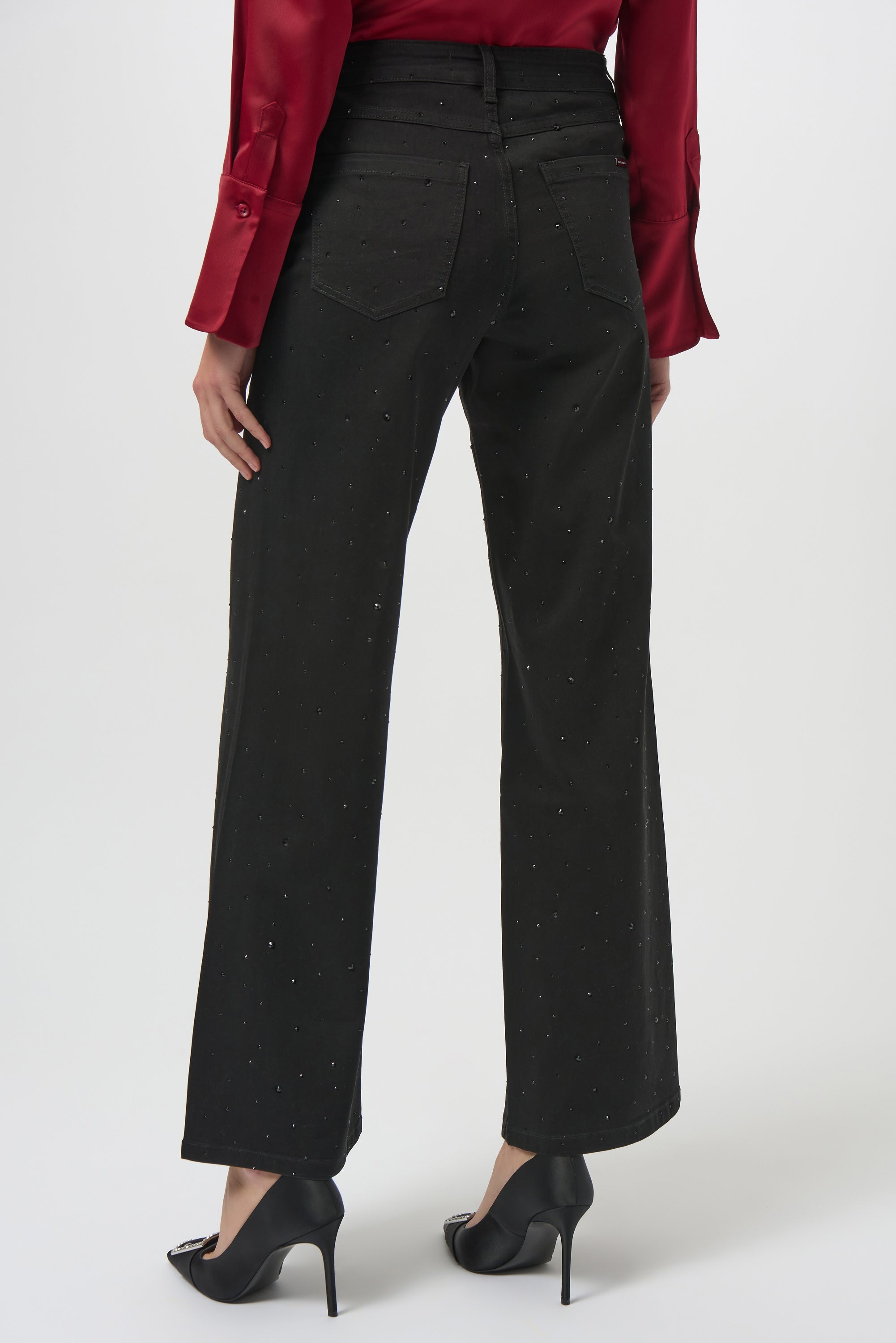 Presenting the black Classic Wide Leg Jeans with rhinestone details by Joseph Ribkoff. Showcasing the wide-leg cut, rhinestone accents on the seams, and rich denim texture. Views include front, back, and close-ups highlighting the sparkle and craftsmanship.