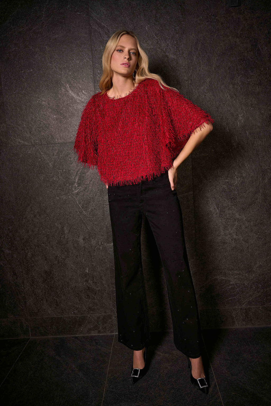 Presenting the black Classic Wide Leg Jeans with rhinestone details by Joseph Ribkoff. Showcasing the wide-leg cut, rhinestone accents on the seams, and rich denim texture. Views include front, back, and close-ups highlighting the sparkle and craftsmanship.