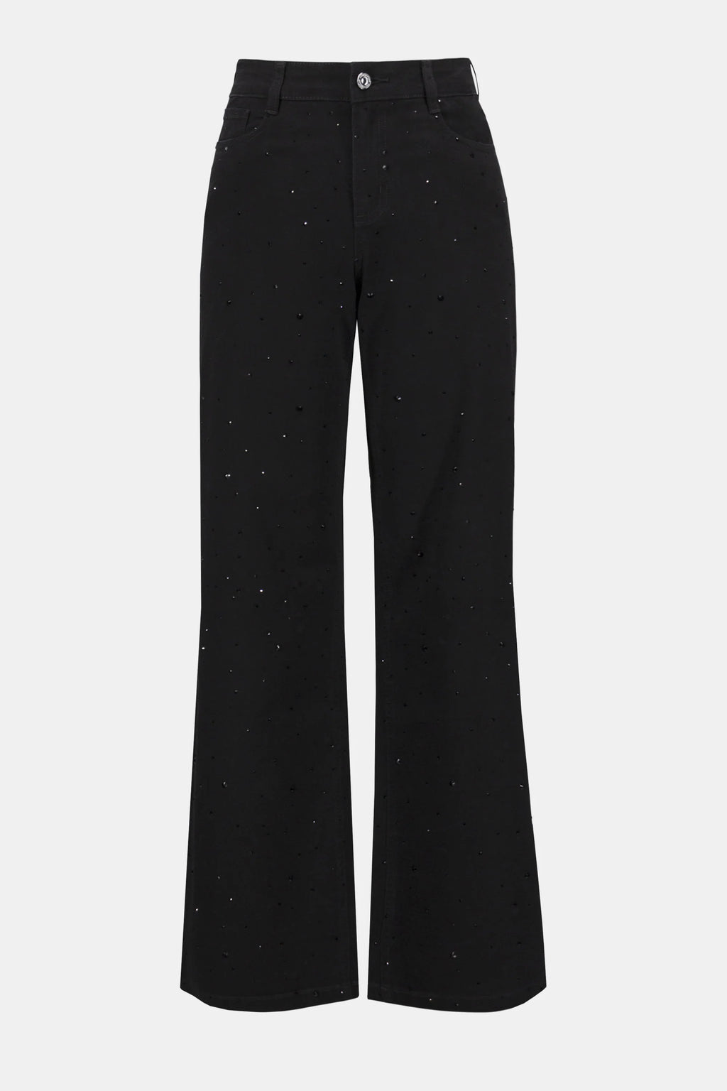 Presenting the black Classic Wide Leg Jeans with rhinestone details by Joseph Ribkoff. Showcasing the wide-leg cut, rhinestone accents on the seams, and rich denim texture. Views include front, back, and close-ups highlighting the sparkle and craftsmanship.