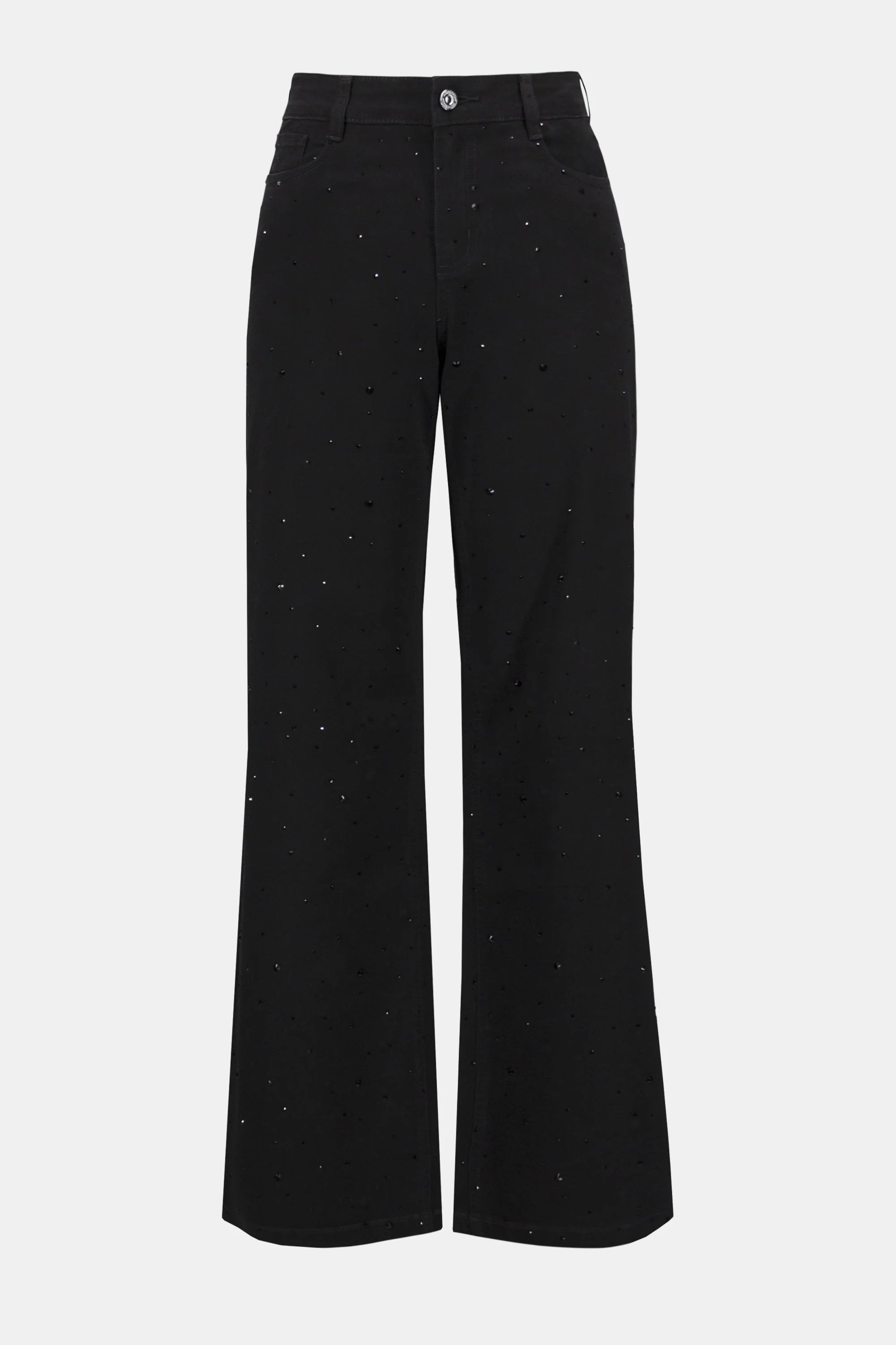 Presenting the black Classic Wide Leg Jeans with rhinestone details by Joseph Ribkoff. Showcasing the wide-leg cut, rhinestone accents on the seams, and rich denim texture. Views include front, back, and close-ups highlighting the sparkle and craftsmanship.