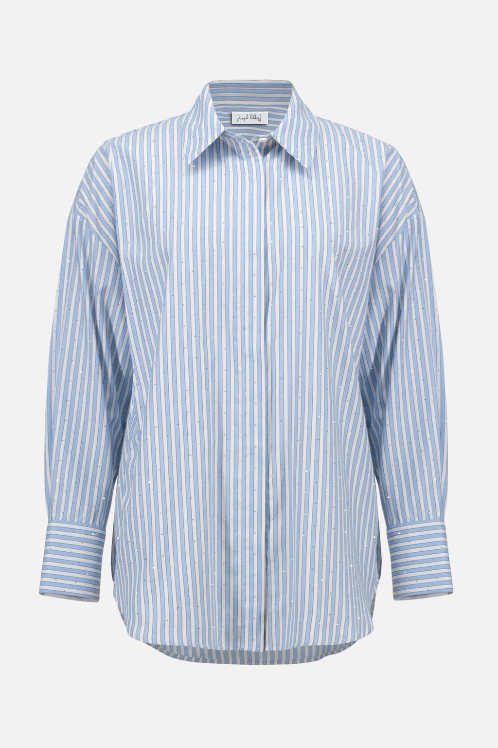Clear product images showcasing the Tencel Stripe Print Boxy Blouse by Joseph Ribkoff. Highlighting the relaxed boxy fit, vertical stripe pattern, classic collar, and buttoned long sleeves. Visual details emphasize the soft fabric texture and stylish versatility suitable for various occasions.