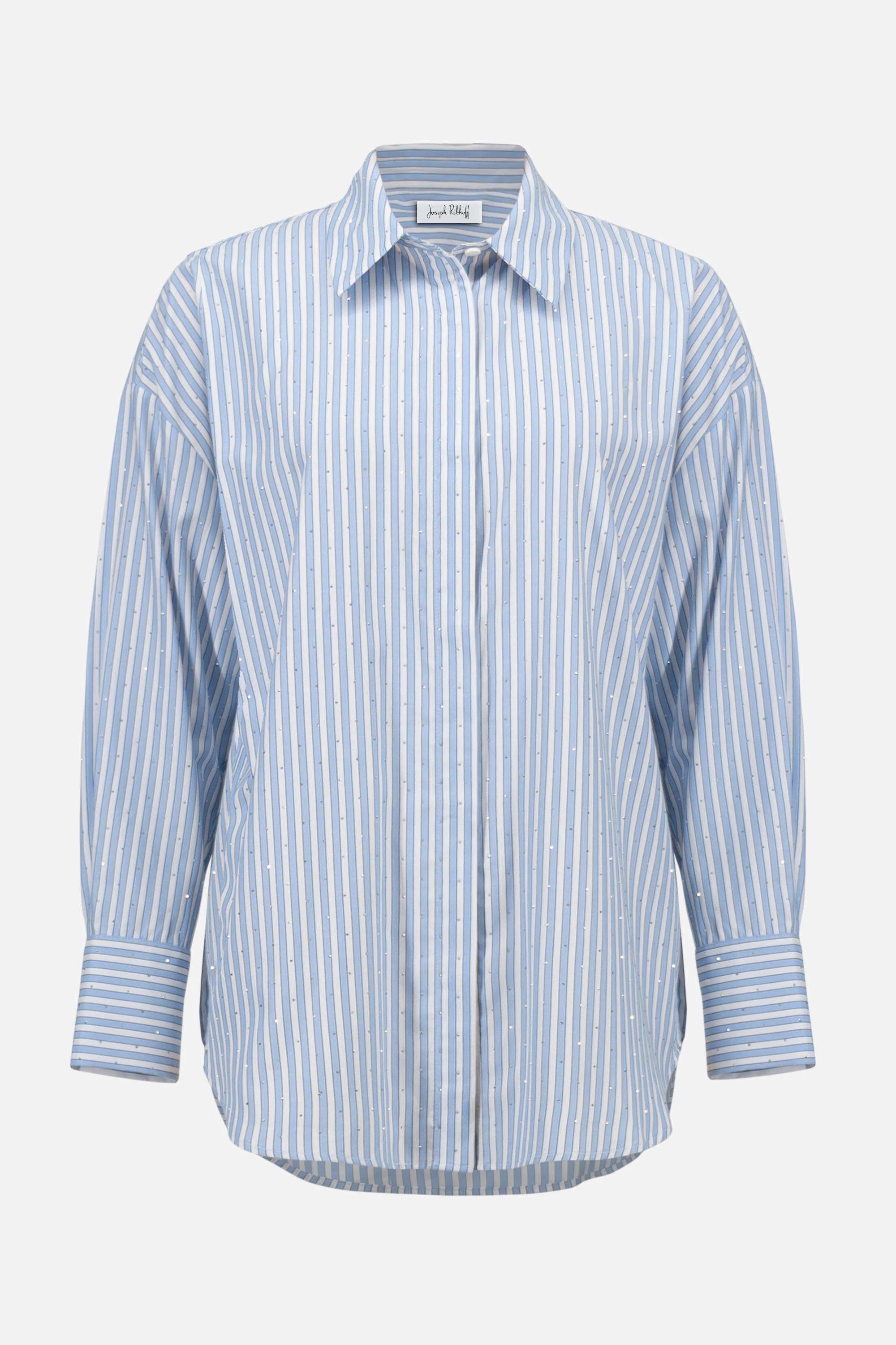 Clear product images showcasing the Tencel Stripe Print Boxy Blouse by Joseph Ribkoff. Highlighting the relaxed boxy fit, vertical stripe pattern, classic collar, and buttoned long sleeves. Visual details emphasize the soft fabric texture and stylish versatility suitable for various occasions.
