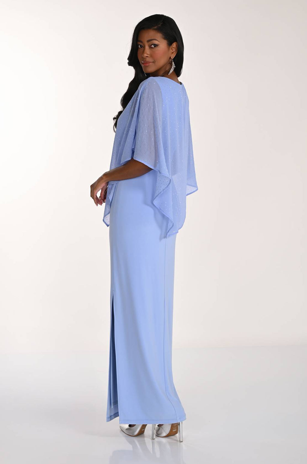 Elegant Frank Lyman Collection maxi A-line dress with jewel embellishments and a graceful flowing silhouette, perfect for formal occasions, weddings, and evening events.