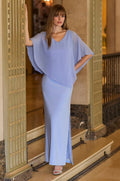 Elegant Frank Lyman Collection maxi A-line dress with jewel embellishments and a graceful flowing silhouette, perfect for formal occasions, weddings, and evening events.