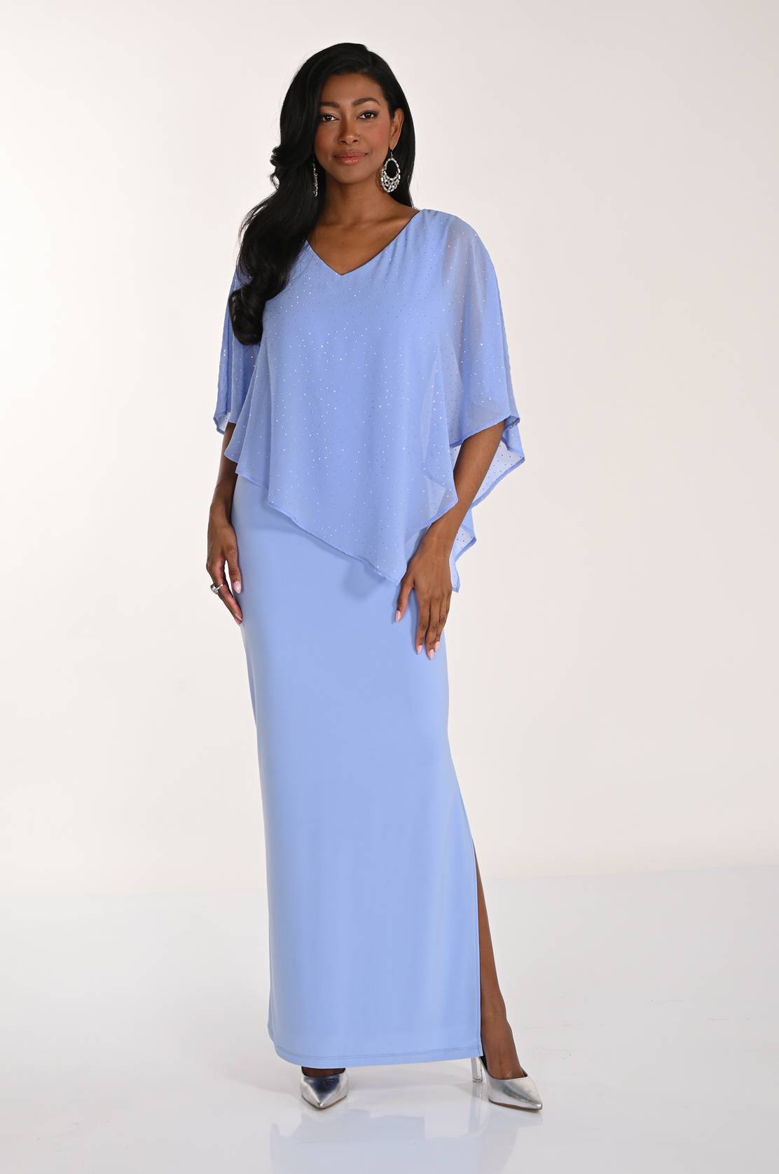 Elegant Frank Lyman Collection maxi A-line dress with jewel embellishments and a graceful flowing silhouette, perfect for formal occasions, weddings, and evening events.