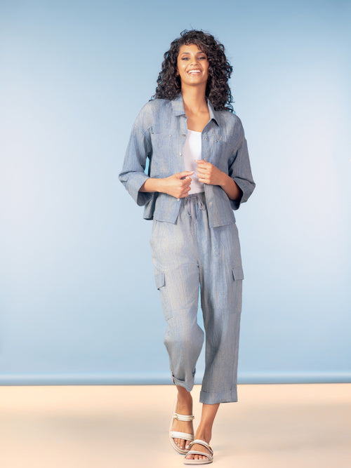 Alison Sheri Linen Shacket in Indigo, highlighting the breathable linen texture, collared neckline, button-front design, and relaxed fit. 