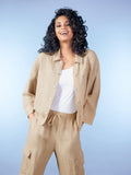 Alison Sheri Linen Shacket in Sand, highlighting the breathable linen texture, collared neckline, button-front design, and relaxed fit. 