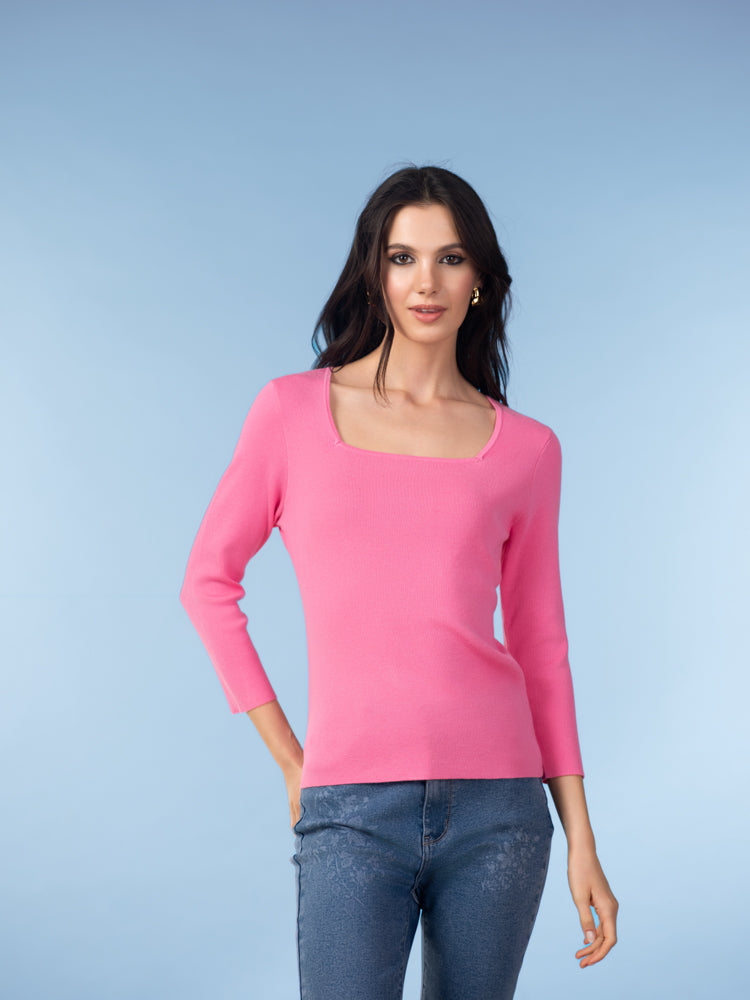 Images show the Alison Sheri Square Neck Long Sleeve Knit Top in black, blue, pink, sand, and coral from the front, highlighting the square neckline, slim fitted body, long sleeves with cuffs, and smooth stretch knit texture.