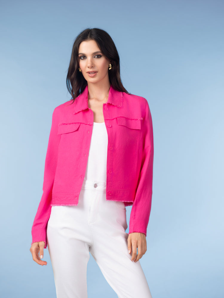 Images show the Alison Sheri Frayed Trim Jacket A47155 in sand, fuchsia, white, apricot, and sky, highlighting the frayed edges at collar, cuffs, and hem, the button-front closure, faux breast pockets, long sleeves with button cuffs, and the light, textured linen-viscose fabric in a cropped, waist-length cut.