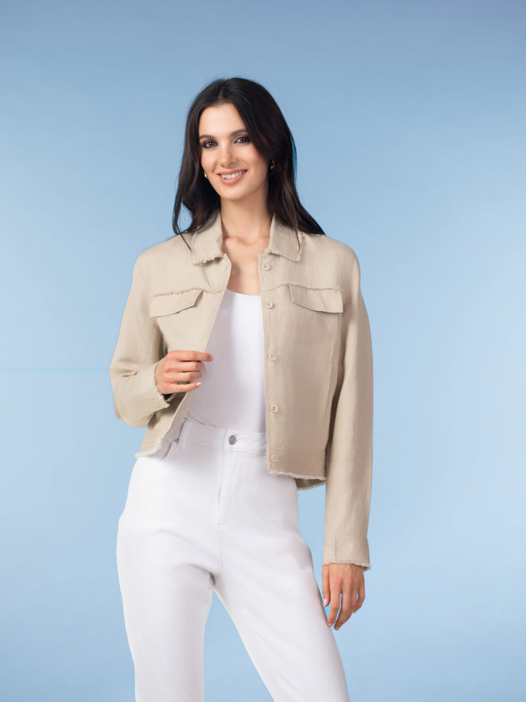 Images show the Alison Sheri Frayed Trim Jacket A47155 in sand, fuchsia, white, apricot, and sky, highlighting the frayed edges at collar, cuffs, and hem, the button-front closure, faux breast pockets, long sleeves with button cuffs, and the light, textured linen-viscose fabric in a cropped, waist-length cut.