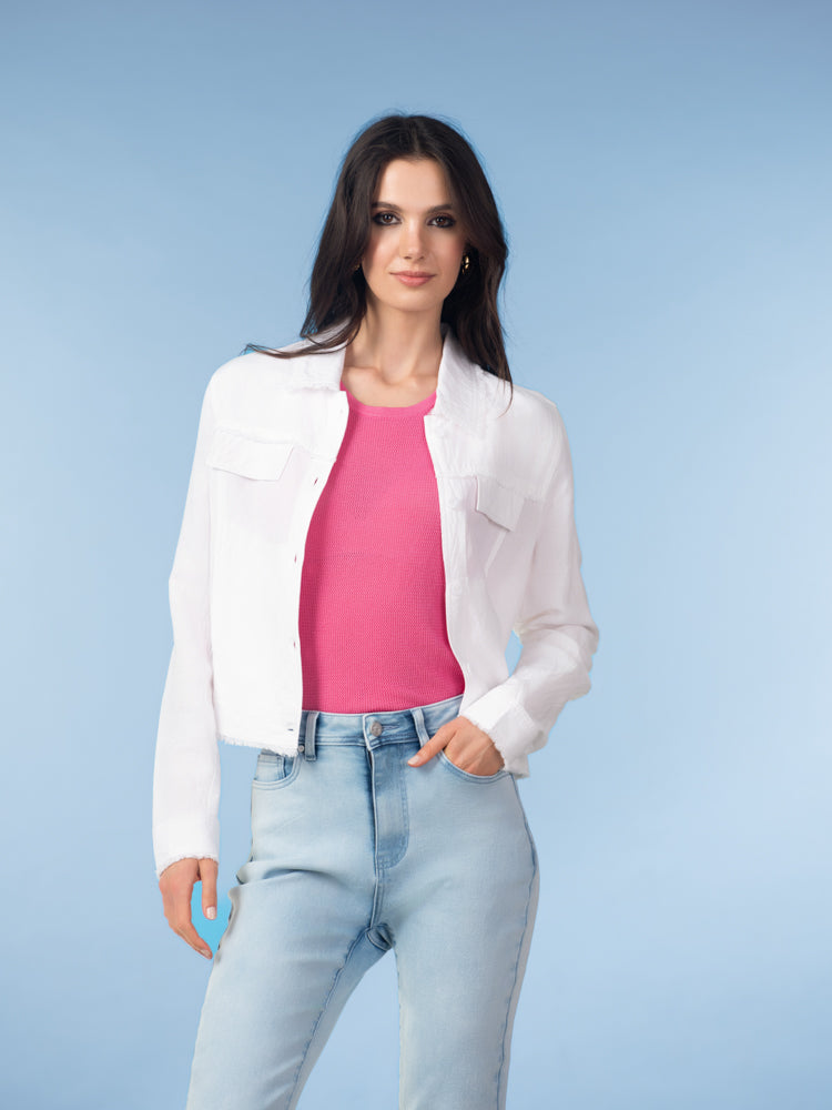 High-quality images showcase the Alison Sheri Jacket A47155 in apricot, fuchsia, sand, sky, and white, highlighting the linen blend fabric, collared neckline with frayed trim, button-front, long cuffed sleeves, chest pockets, and relaxed shorter length with frayed hem.
