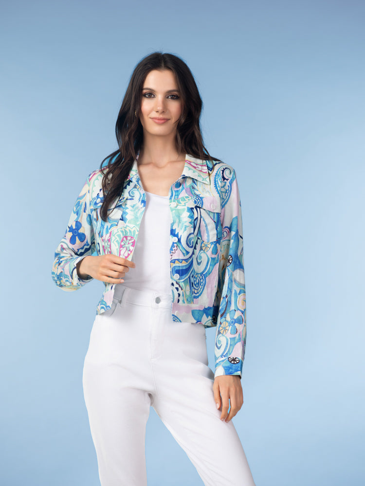 Alison Sheri A47185 cropped linen-blend jacket on a model and/or hanger, highlighting the blue-based multicolour paisley print, shirt-style collar, button-front, chest pockets, and cropped length that hits around the high hip.
