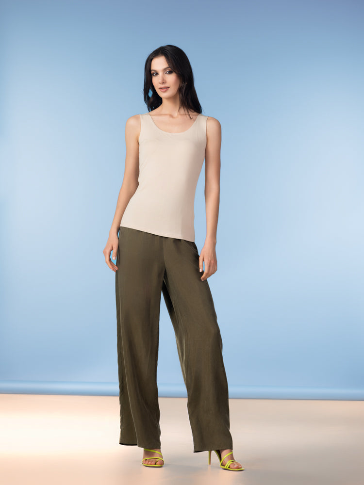 Images show the Alison Sheri Essential Camisole TAS01S26 from the front (and sometimes side), highlighting the scoop neckline, wide shoulder straps, smooth fitted body, and solid color, with separate shots or swatches representing each shade: apple, aqua, black, blue, coral, fuchsia, khaki, navy, orange, sage, sand, silver, white, and yellow.