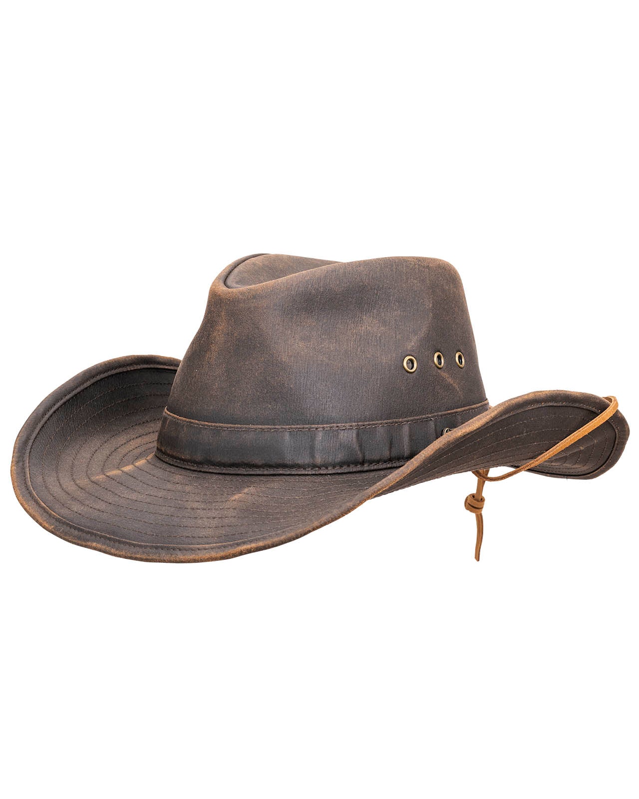 Korona Canyonland Hat from multiple angles. Highlights include its brown textured fabric, side ventilation eyelets, adjustable chin cord, and structured brim. Photos capture front, side, and rear views to showcase design details and durability.