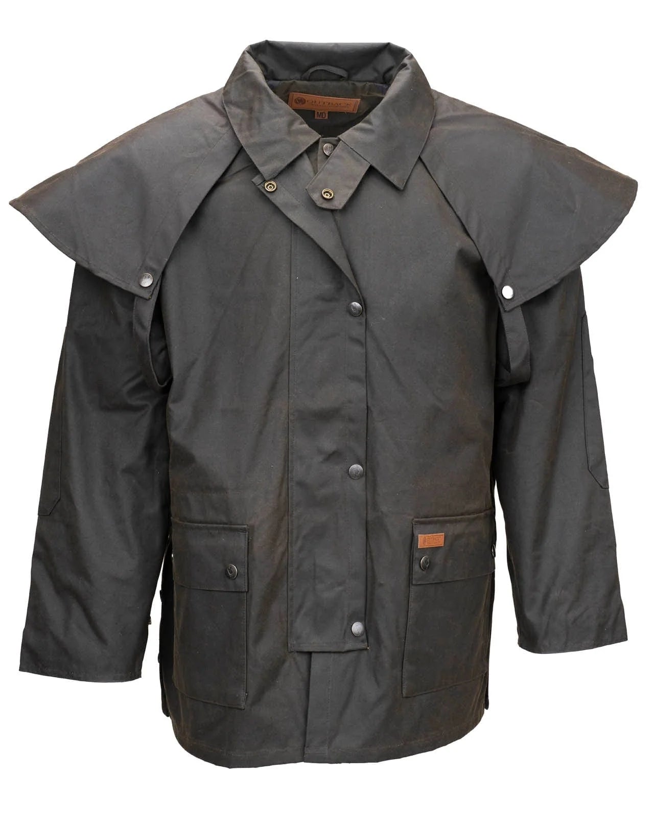 Outback Trading Company Bush Ranger Jacket in brown - showcasing its rugged oilskin texture, heavy-duty metal buttons, adjustable cuffs, and traditional Western styling. Photos include front, back, side, and close-up views of fabric and stitching details to emphasize quality and authenticity.