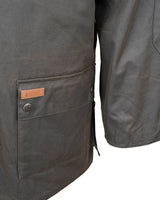 Outback Trading Company Bush Ranger Jacket in brown - showcasing its rugged oilskin texture, heavy-duty metal buttons, adjustable cuffs, and traditional Western styling. Photos include front, back, side, and close-up views of fabric and stitching details to emphasize quality and authenticity.