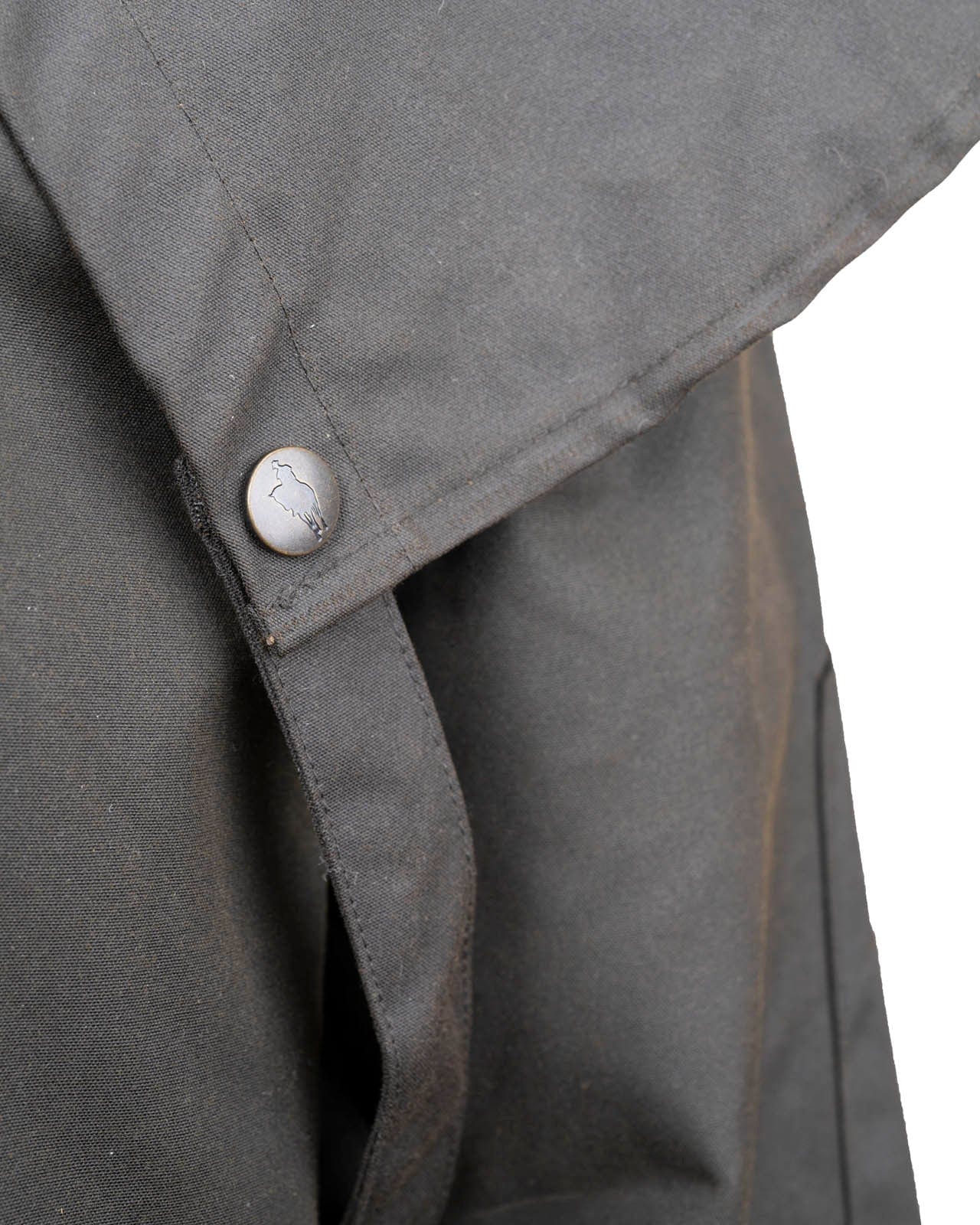 Outback Trading Company Bush Ranger Jacket in brown - showcasing its rugged oilskin texture, heavy-duty metal buttons, adjustable cuffs, and traditional Western styling. Photos include front, back, side, and close-up views of fabric and stitching details to emphasize quality and authenticity.