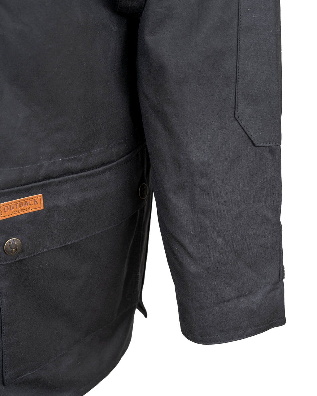 Outback Trading Company Bush Ranger Jacket in brown - showcasing its rugged oilskin texture, heavy-duty metal buttons, adjustable cuffs, and traditional Western styling. Photos include front, back, side, and close-up views of fabric and stitching details to emphasize quality and authenticity.