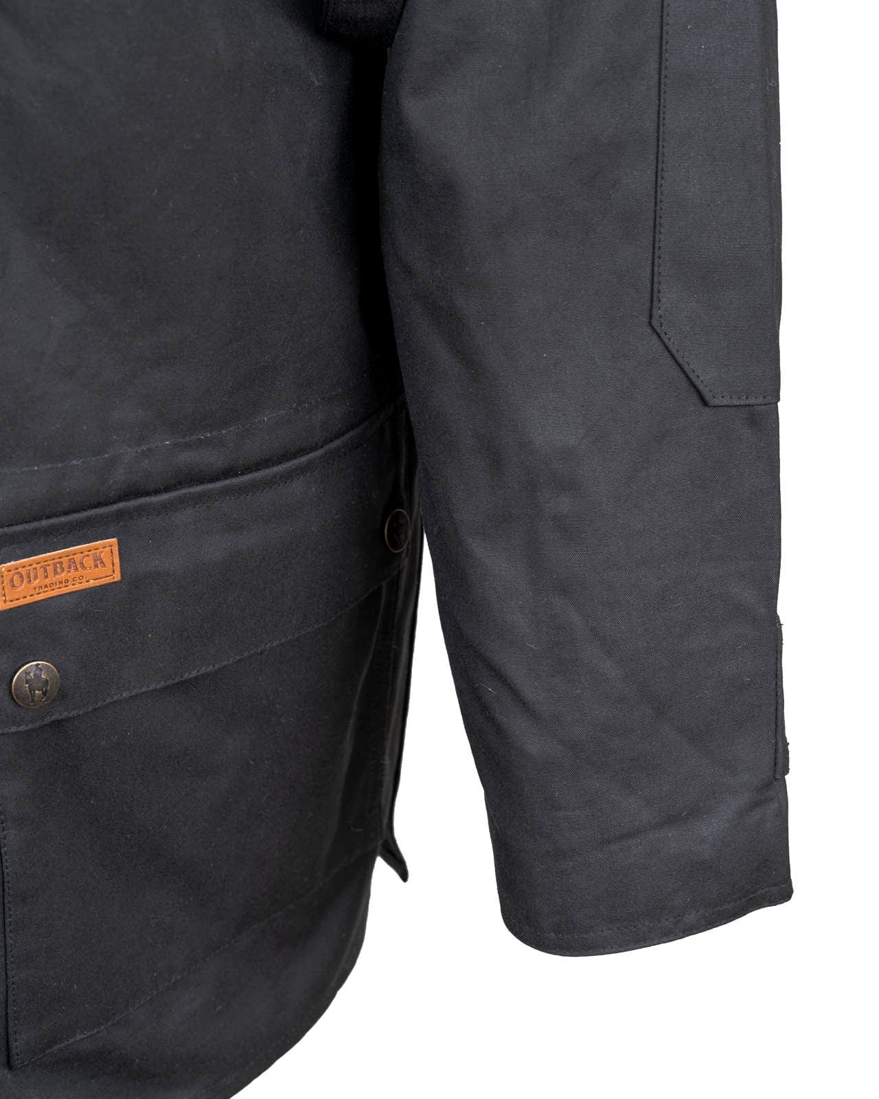 Outback Trading Company Bush Ranger Jacket in brown - showcasing its rugged oilskin texture, heavy-duty metal buttons, adjustable cuffs, and traditional Western styling. Photos include front, back, side, and close-up views of fabric and stitching details to emphasize quality and authenticity.