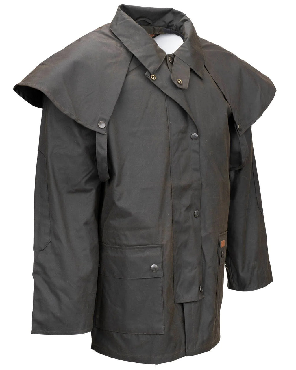 Outback Trading Company Bush Ranger Jacket in brown - showcasing its rugged oilskin texture, heavy-duty metal buttons, adjustable cuffs, and traditional Western styling. Photos include front, back, side, and close-up views of fabric and stitching details to emphasize quality and authenticity.