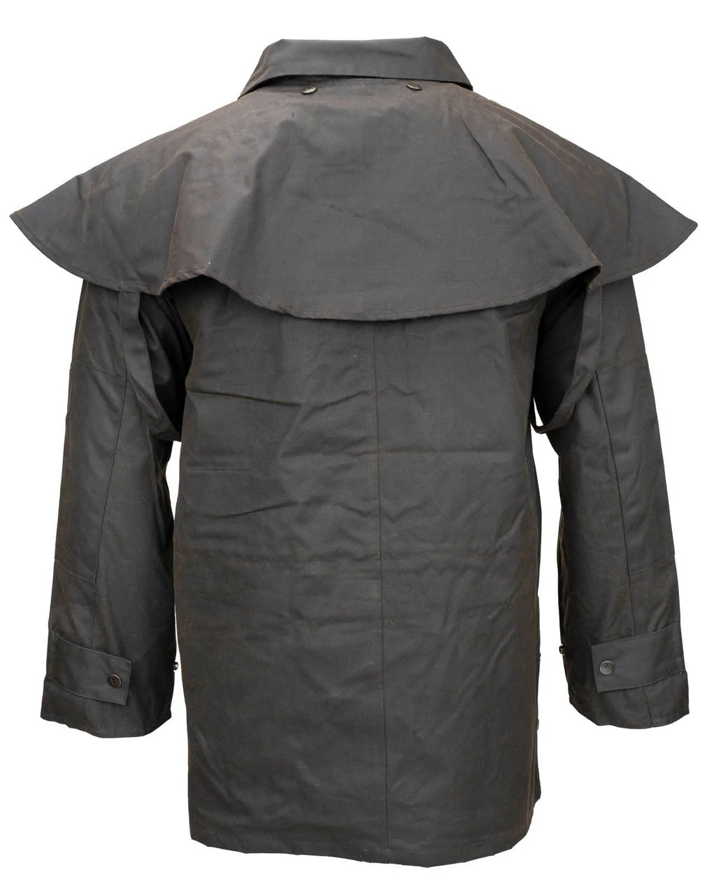 Outback Trading Company Bush Ranger Jacket in brown - showcasing its rugged oilskin texture, heavy-duty metal buttons, adjustable cuffs, and traditional Western styling. Photos include front, back, side, and close-up views of fabric and stitching details to emphasize quality and authenticity.