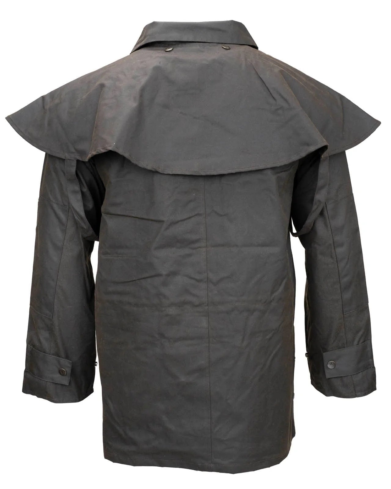 Outback Trading Company Bush Ranger Jacket in brown - showcasing its rugged oilskin texture, heavy-duty metal buttons, adjustable cuffs, and traditional Western styling. Photos include front, back, side, and close-up views of fabric and stitching details to emphasize quality and authenticity.