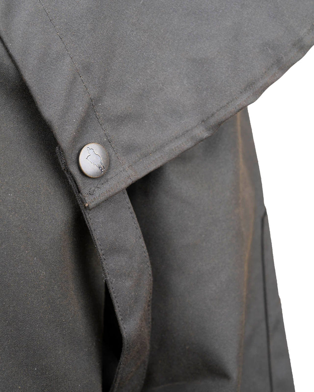 Outback Trading Company Bush Ranger Jacket in brown - showcasing its rugged oilskin texture, heavy-duty metal buttons, adjustable cuffs, and traditional Western styling. Photos include front, back, side, and close-up views of fabric and stitching details to emphasize quality and authenticity.