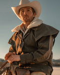 Outback Trading Company Bush Ranger Jacket in brown - showcasing its rugged oilskin texture, heavy-duty metal buttons, adjustable cuffs, and traditional Western styling. Photos include front, back, side, and close-up views of fabric and stitching details to emphasize quality and authenticity.