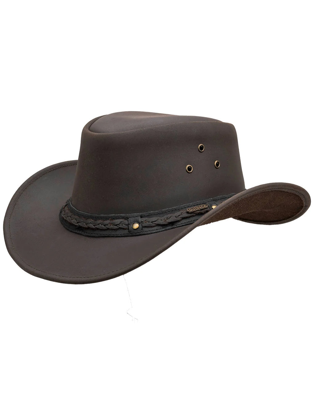 Wagga Wagga Leather Hat in chocolate color, highlighting the smooth leather texture, structured crown, wire brim, chin cord, and comfortable sweatband.