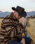 Wagga Wagga Leather Hat in chocolate color, highlighting the smooth leather texture, structured crown, wire brim, chin cord, and comfortable sweatband.